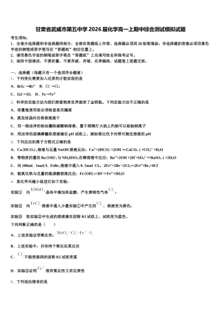 甘肃省武威市第五中学2026届化学高一上期中综合测试模拟试题含解析