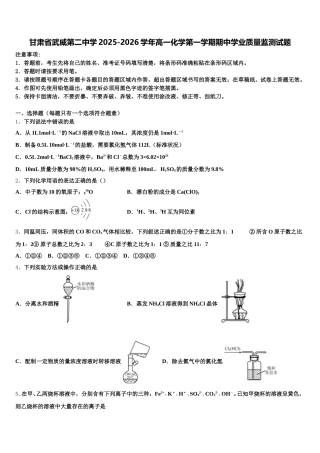甘肃省武威第二中学2025-2026学年高一化学第一学期期中学业质量监测试题含解析