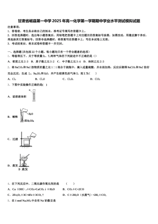甘肃省岷县第一中学2025年高一化学第一学期期中学业水平测试模拟试题含解析