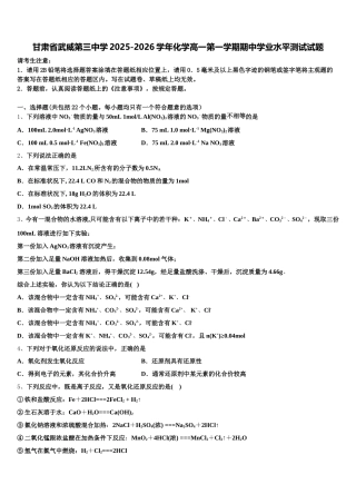 甘肃省武威第三中学2025-2026学年化学高一第一学期期中学业水平测试试题含解析