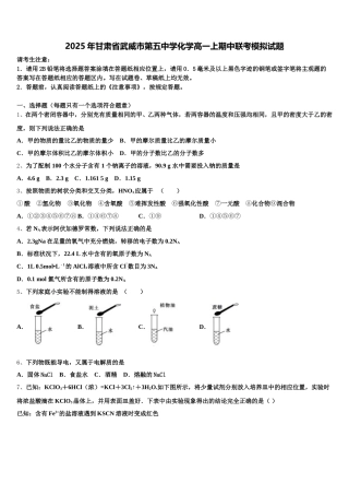 2025年甘肃省武威市第五中学化学高一上期中联考模拟试题含解析