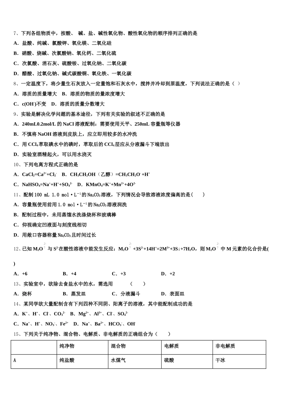 2026届甘肃省岷县一中高一化学第一学期期中联考试题含解析_第2页