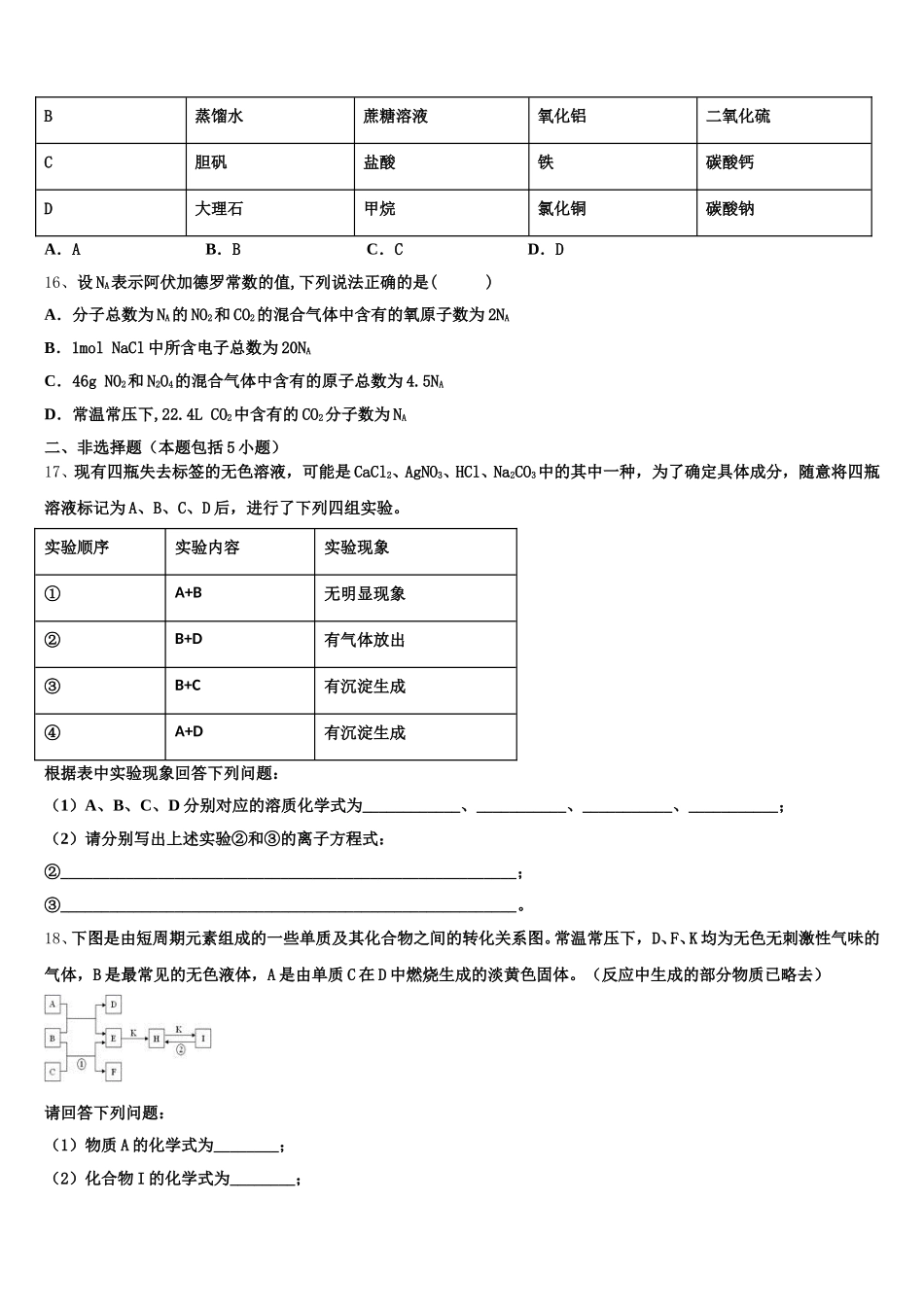 2026届甘肃省岷县一中高一化学第一学期期中联考试题含解析_第3页