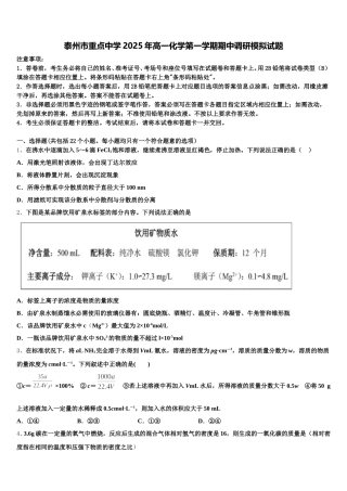 泰州市重点中学2025年高一化学第一学期期中调研模拟试题含解析