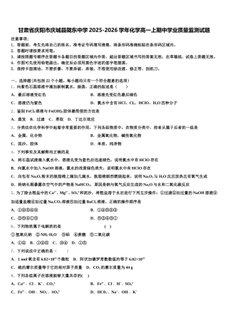甘肃省庆阳市庆城县陇东中学2025-2026学年化学高一上期中学业质量监测试题含解析