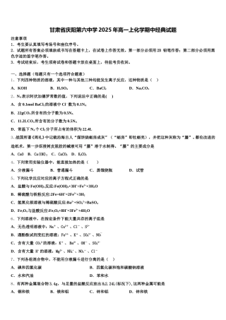 甘肃省庆阳第六中学2025年高一上化学期中经典试题含解析
