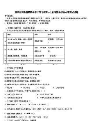 甘肃省民勤县第四中学 2025年高一上化学期中学业水平测试试题含解析