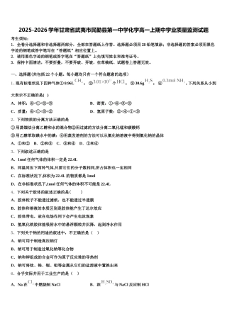 2025-2026学年甘肃省武夷市民勤县第一中学化学高一上期中学业质量监测试题含解析