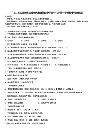 2026届甘肃省武威市民勤县第四中学高一化学第一学期期中预测试题含解析