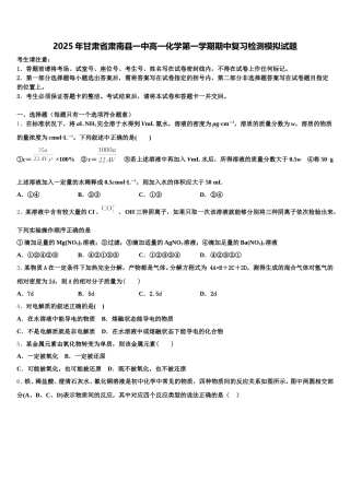 2025年甘肃省肃南县一中高一化学第一学期期中复习检测模拟试题含解析
