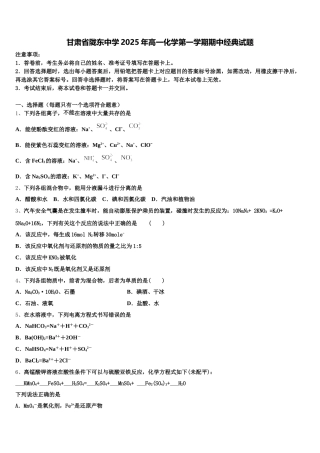 甘肃省陇东中学2025年高一化学第一学期期中经典试题含解析
