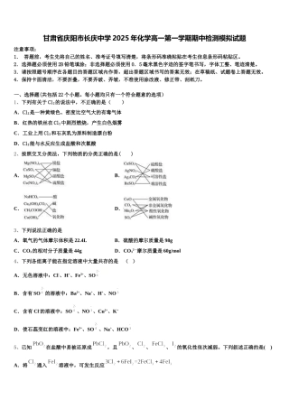 甘肃省庆阳市长庆中学2025年化学高一第一学期期中检测模拟试题含解析