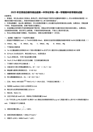 2025年甘肃省白银市靖远县第一中学化学高一第一学期期中统考模拟试题含解析
