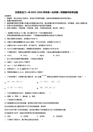 甘肃省玉门一中2025-2026学年高一化学第一学期期中统考试题含解析