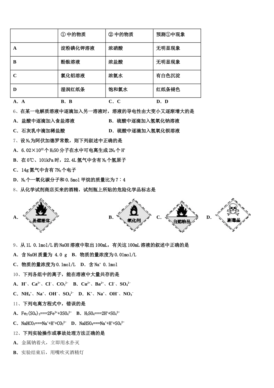 甘肃省金昌市永昌县四中2025年高一化学第一学期期中质量检测试题含解析_第2页