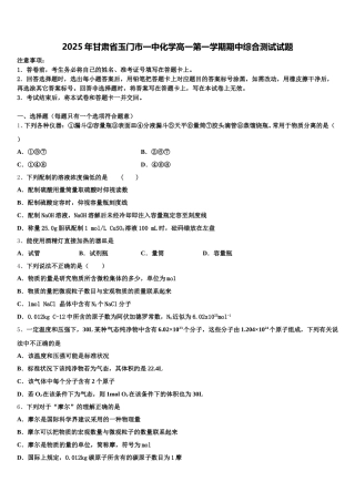 2025年甘肃省玉门市一中化学高一第一学期期中综合测试试题含解析