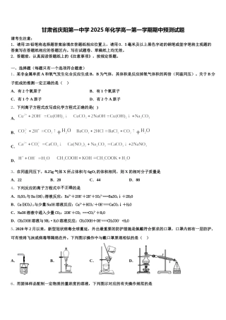 甘肃省庆阳第一中学2025年化学高一第一学期期中预测试题含解析