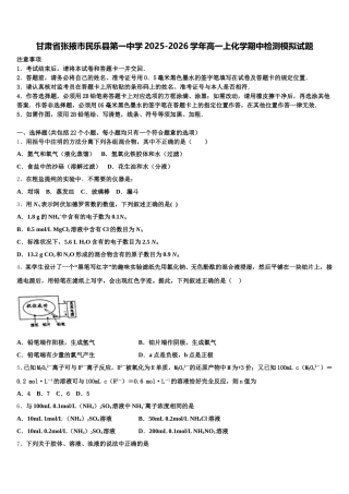 甘肃省张掖市民乐县第一中学2025-2026学年高一上化学期中检测模拟试题含解析