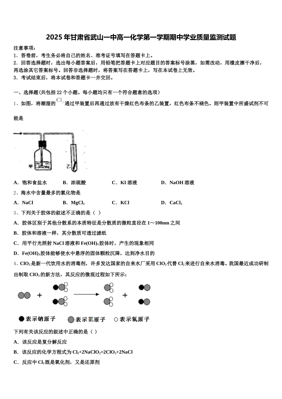 2025年甘肃省武山一中高一化学第一学期期中学业质量监测试题含解析_第1页