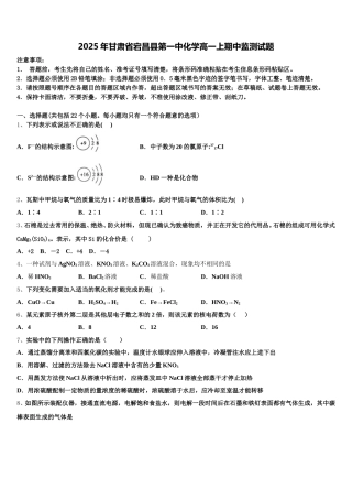 2025年甘肃省宕昌县第一中化学高一上期中监测试题含解析