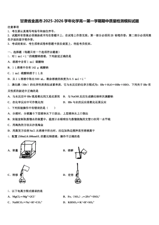 甘肃省金昌市2025-2026学年化学高一第一学期期中质量检测模拟试题含解析