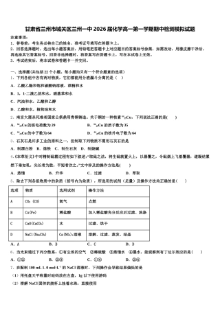 甘肃省兰州市城关区兰州一中2026届化学高一第一学期期中检测模拟试题含解析