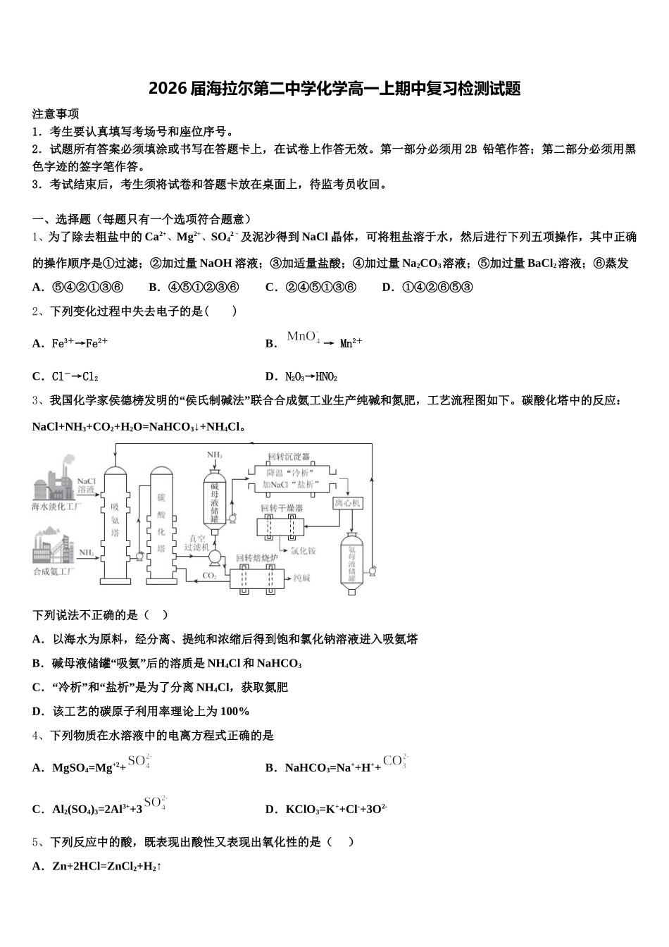 2026届海拉尔第二中学化学高一上期中复习检测试题含解析_第1页