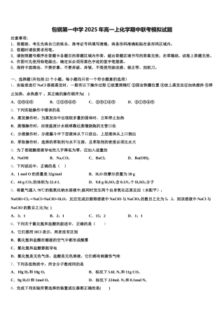包钢第一中学2025年高一上化学期中联考模拟试题含解析