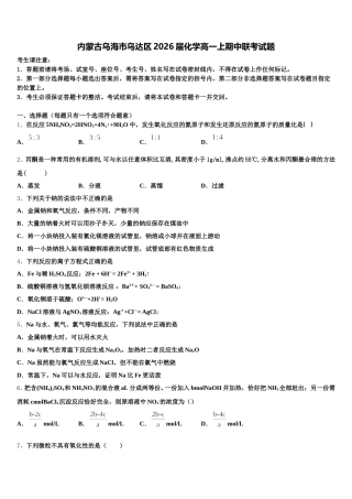 内蒙古乌海市乌达区2026届化学高一上期中联考试题含解析