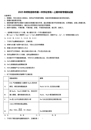 2025年呼和浩特市第一中学化学高一上期中联考模拟试题含解析