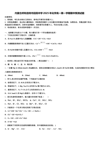 内蒙古呼和浩特市回民中学2025年化学高一第一学期期中预测试题含解析