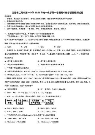 江苏省江阴市第一中学2025年高一化学第一学期期中教学质量检测试题含解析