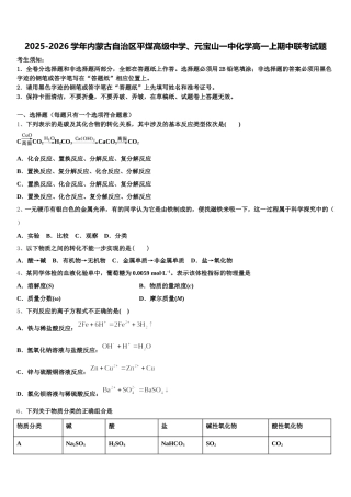 2025-2026学年内蒙古自治区平煤高级中学、元宝山一中化学高一上期中联考试题含解析