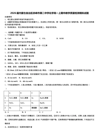 2026届内蒙古自治区赤峰市第二中学化学高一上期中教学质量检测模拟试题含解析