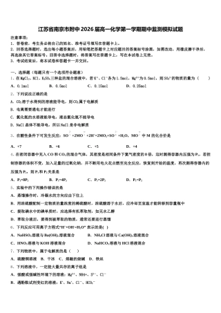 江苏省南京市附中2026届高一化学第一学期期中监测模拟试题含解析