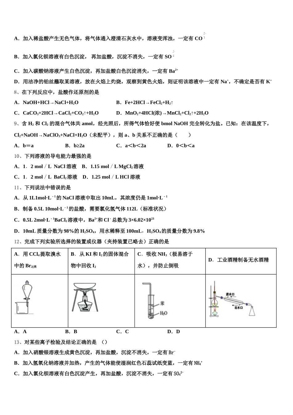 2026届海南华侨中学三亚学校高一上化学期中检测模拟试题含解析_第2页