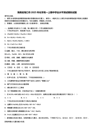 海南省海口市2025年化学高一上期中学业水平测试模拟试题含解析