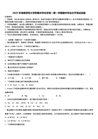2025年海南师范大学附属中学化学高一第一学期期中学业水平测试试题含解析