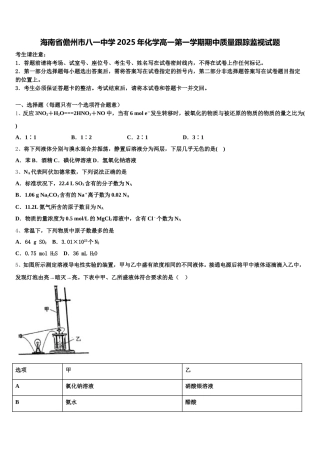 海南省儋州市八一中学2025年化学高一第一学期期中质量跟踪监视试题含解析