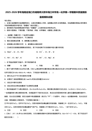 2025-2026学年海南省海口市湖南师大附中海口中学高一化学第一学期期中质量跟踪监视模拟试题含解析