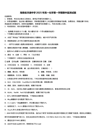 海南省洋浦中学2025年高一化学第一学期期中监测试题含解析