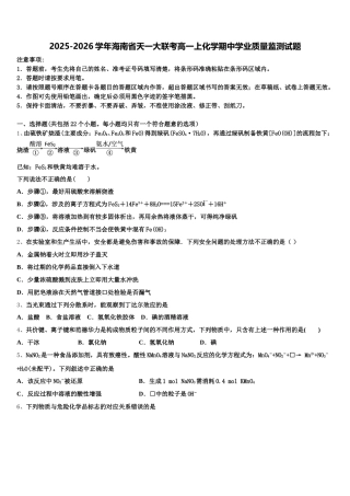 2025-2026学年海南省天一大联考高一上化学期中学业质量监测试题含解析