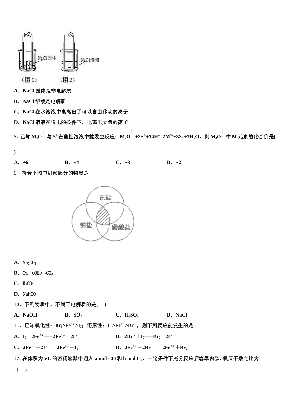 2026届海南省定安中学高一化学第一学期期中经典试题含解析_第2页