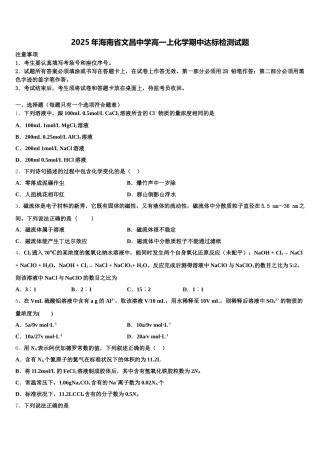 2025年海南省文昌中学高一上化学期中达标检测试题含解析