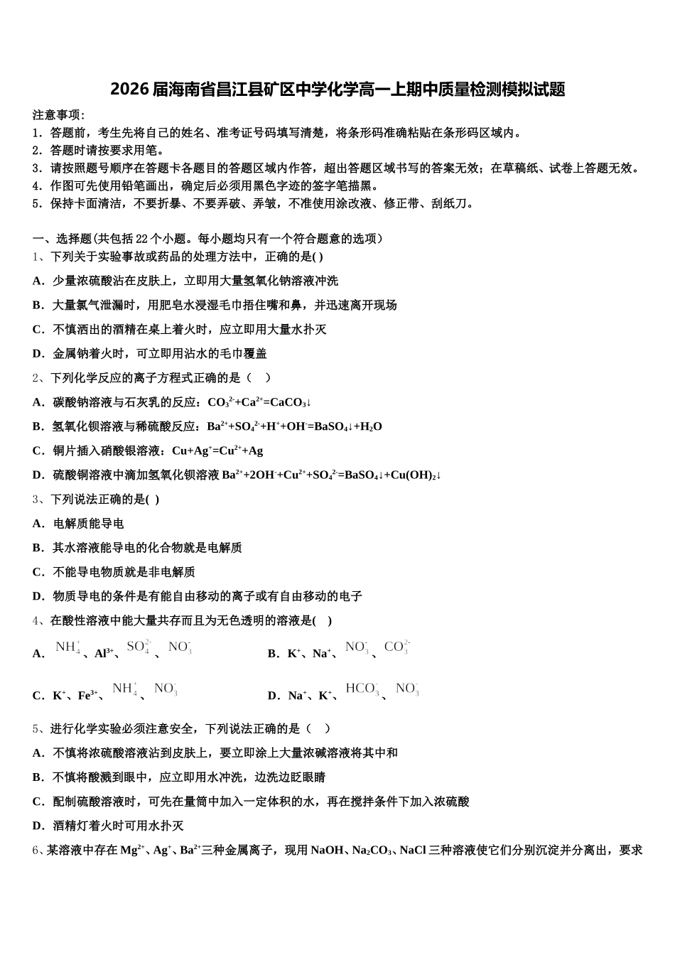 2026届海南省昌江县矿区中学化学高一上期中质量检测模拟试题含解析_第1页