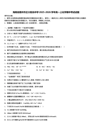 海南省儋州市正大阳光中学2025-2026学年高一上化学期中考试试题含解析