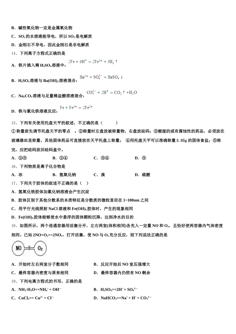 2025年海南市重点中学高一上化学期中学业质量监测模拟试题含解析_第3页