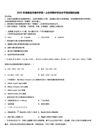 2025年海南省洋浦中学高一上化学期中学业水平测试模拟试题含解析