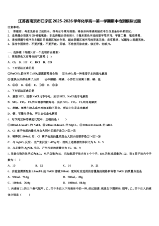 江苏省南京市江宁区2025-2026学年化学高一第一学期期中检测模拟试题含解析