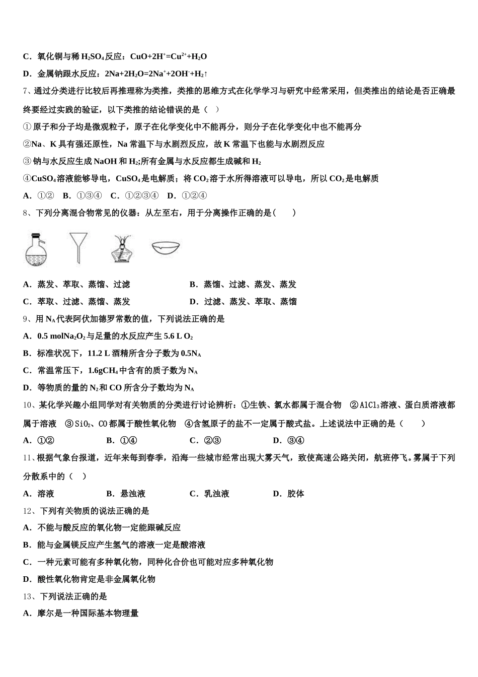 三亚市第一中学2025年高一上化学期中统考试题含解析_第2页